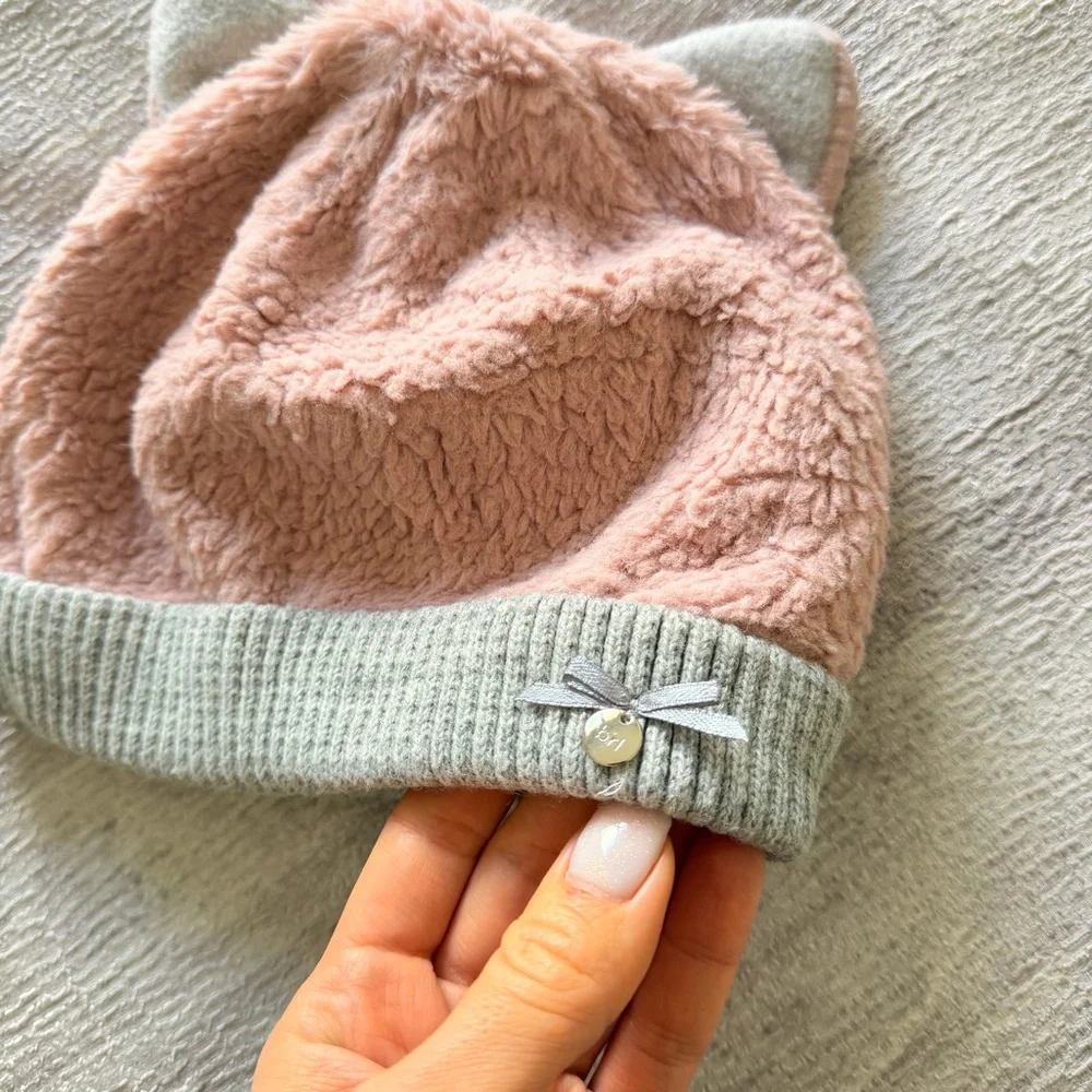Kids Pink Plush Cat Ear Beanie Hat with Gray Trim, Size 4-6